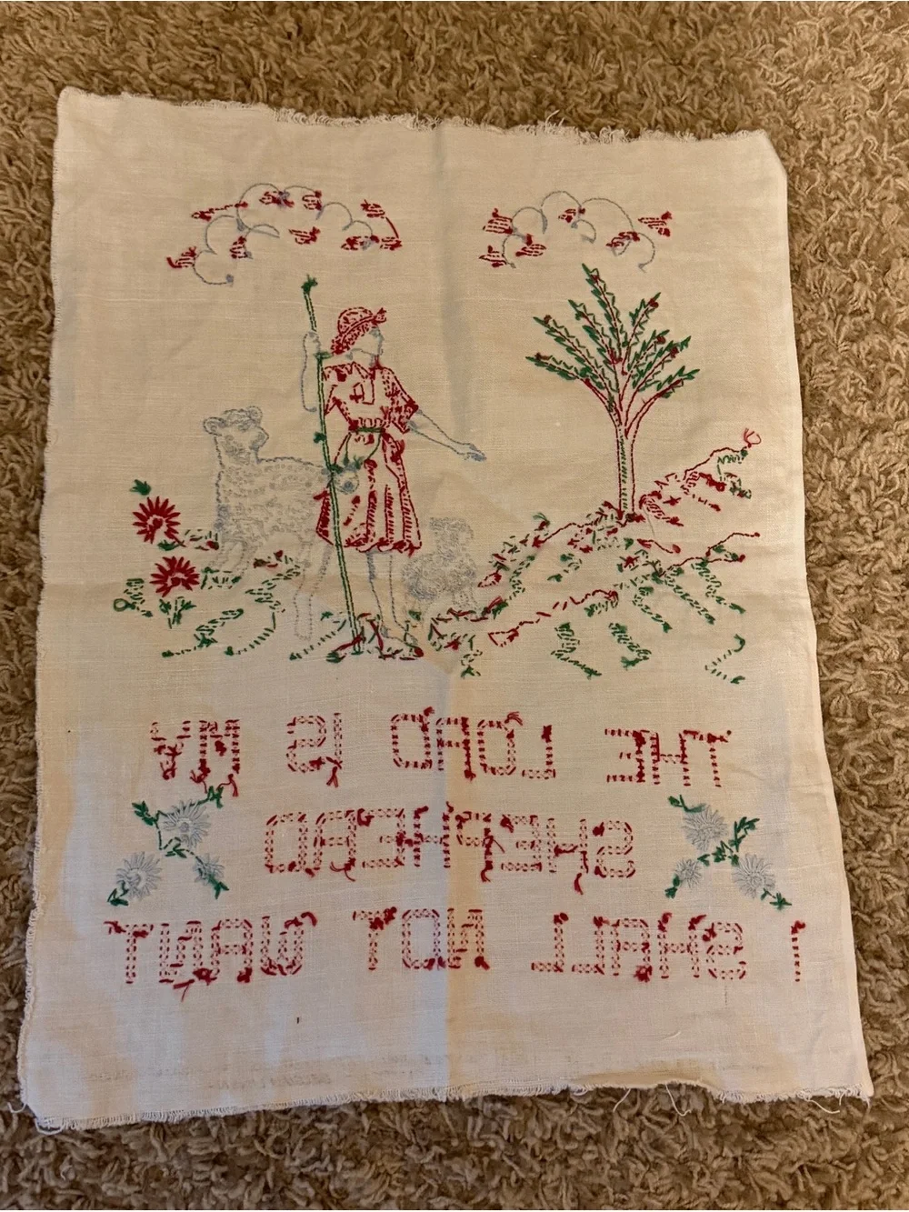 Vintage Belgian Linen Cross Stitch Sampler The Lord Is My Shepherd Art